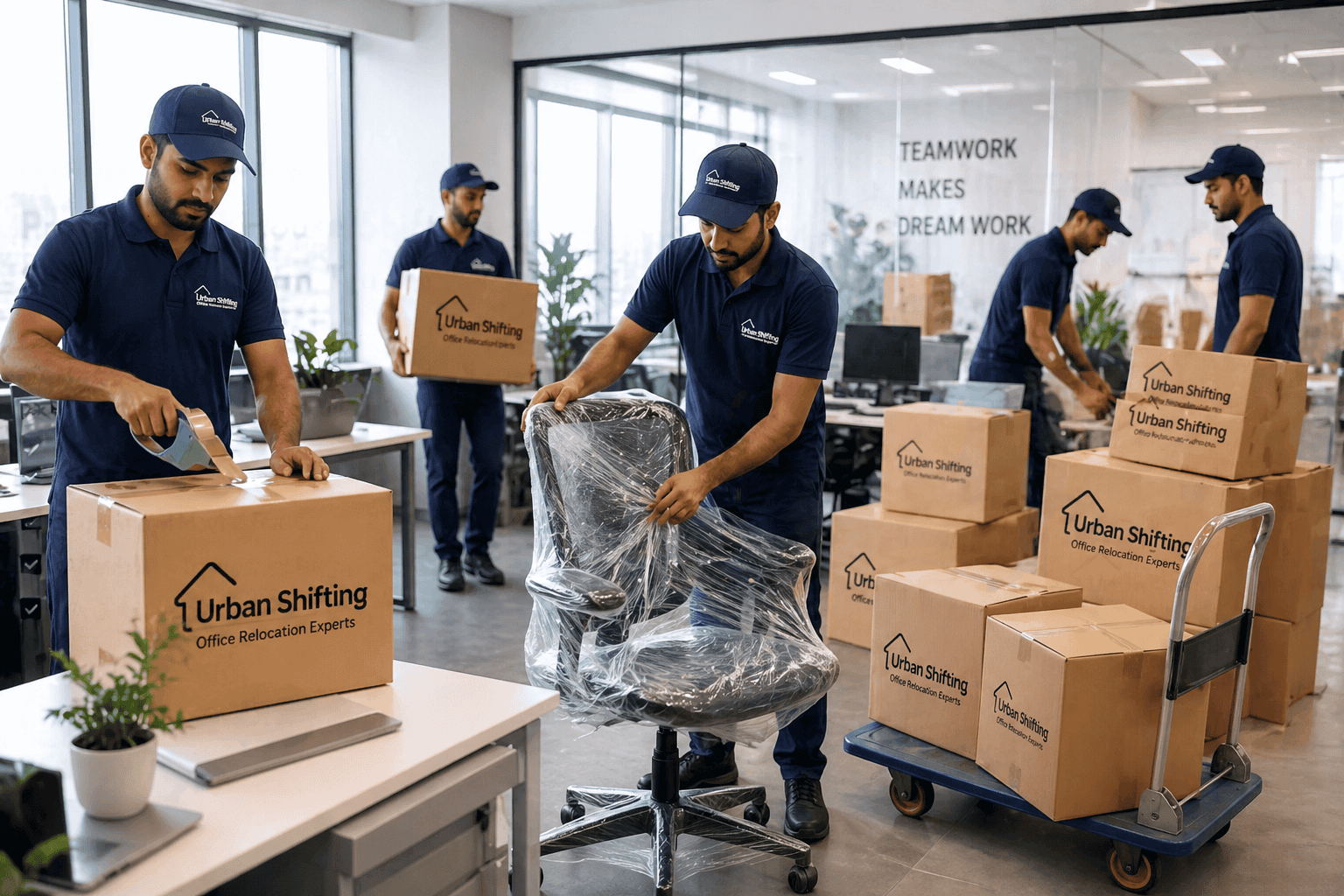 Office relocation services with professional packers moving office furniture and IT equipment in a modern workspace